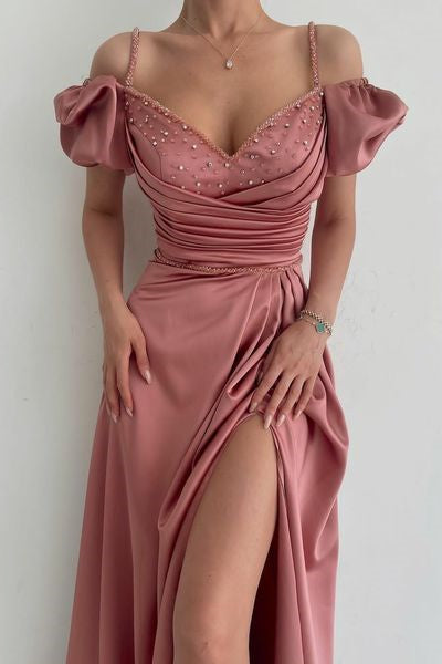 Elegante vestido de fiesta rosa empolvado con hombros descubiertos, corte A y abertura