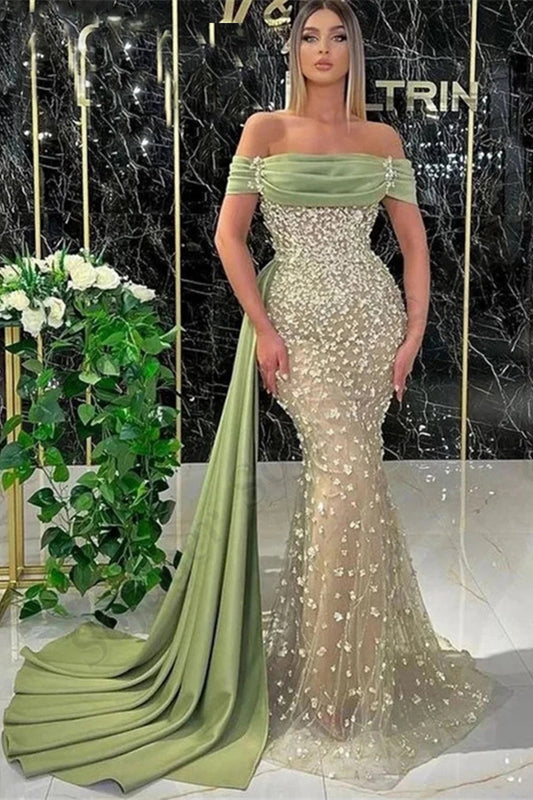Elegante vestido de fiesta largo color salvia polvorienta con corte sirena, hombros descubiertos y encaje