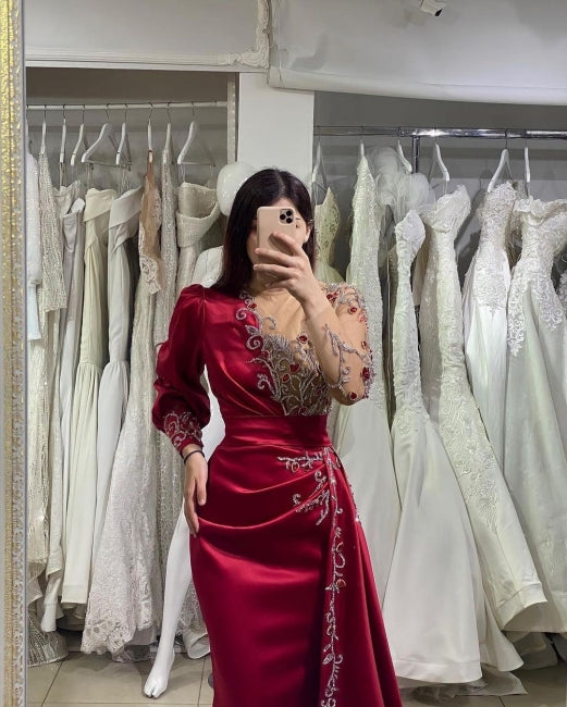 Vestidos de noche elegantes largos rojo vino | Vestidos de fiesta con mangas