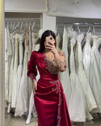 Vestidos de noche elegantes largos rojo vino | Vestidos de fiesta con mangas