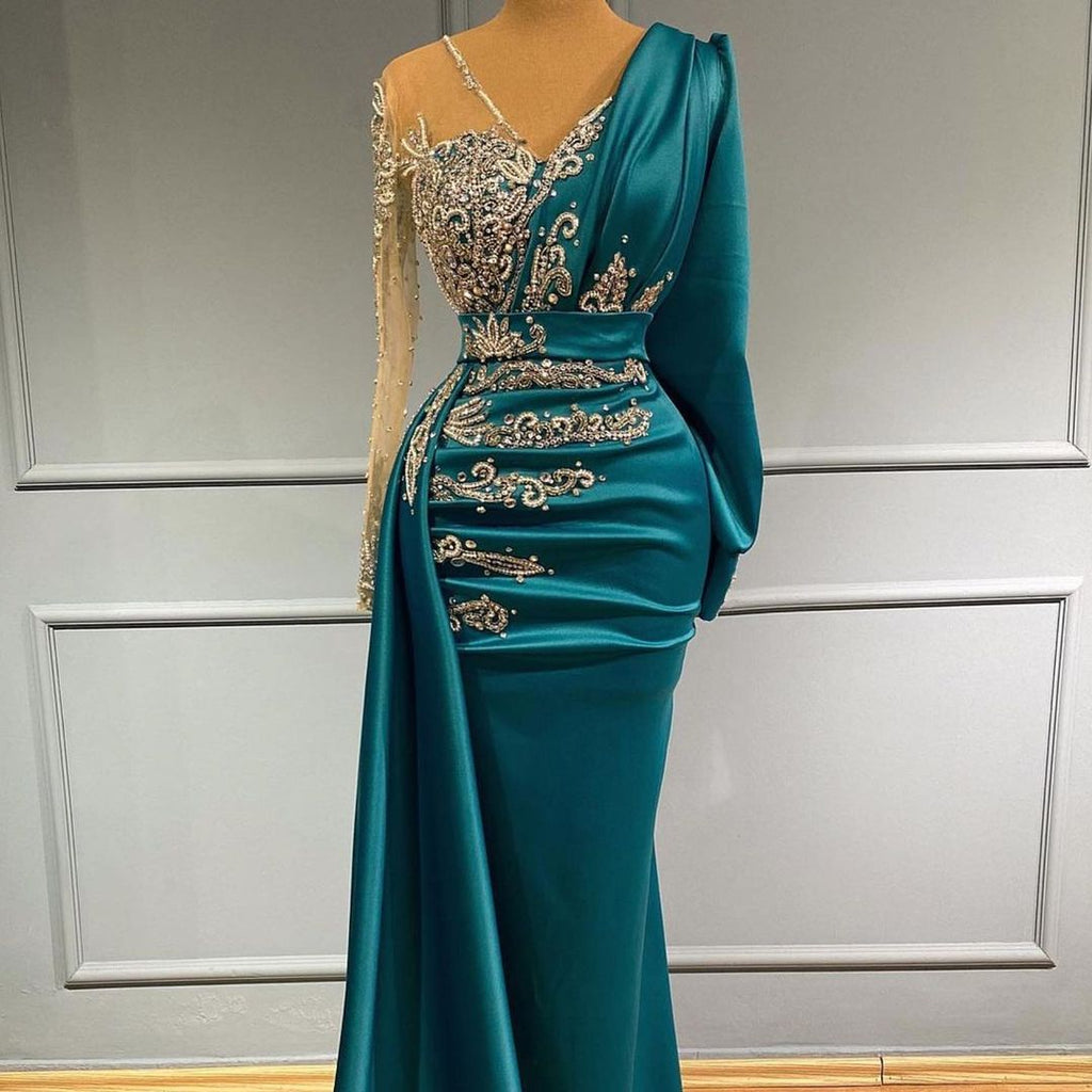 Elegante vestido de noche largo hasta el suelo, vestidos de fiesta con mangas
