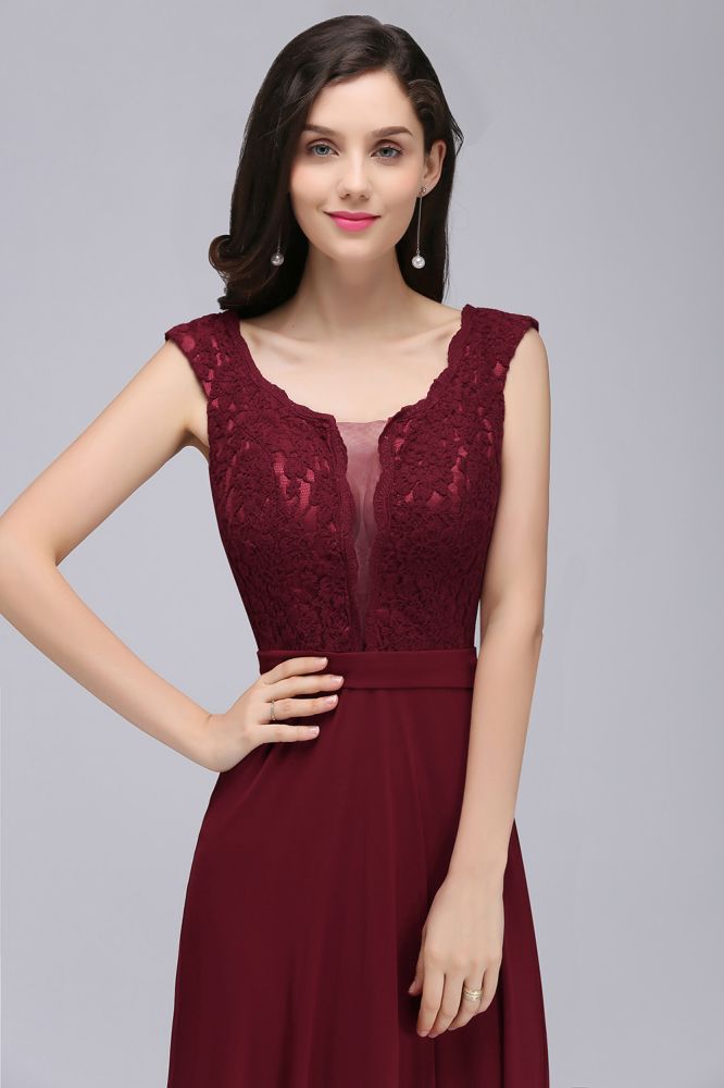 Elegante vestido de fiesta burdeos de corte A con encaje hasta el suelo