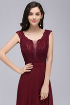 Elegante vestido de fiesta burdeos de corte A con encaje hasta el suelo