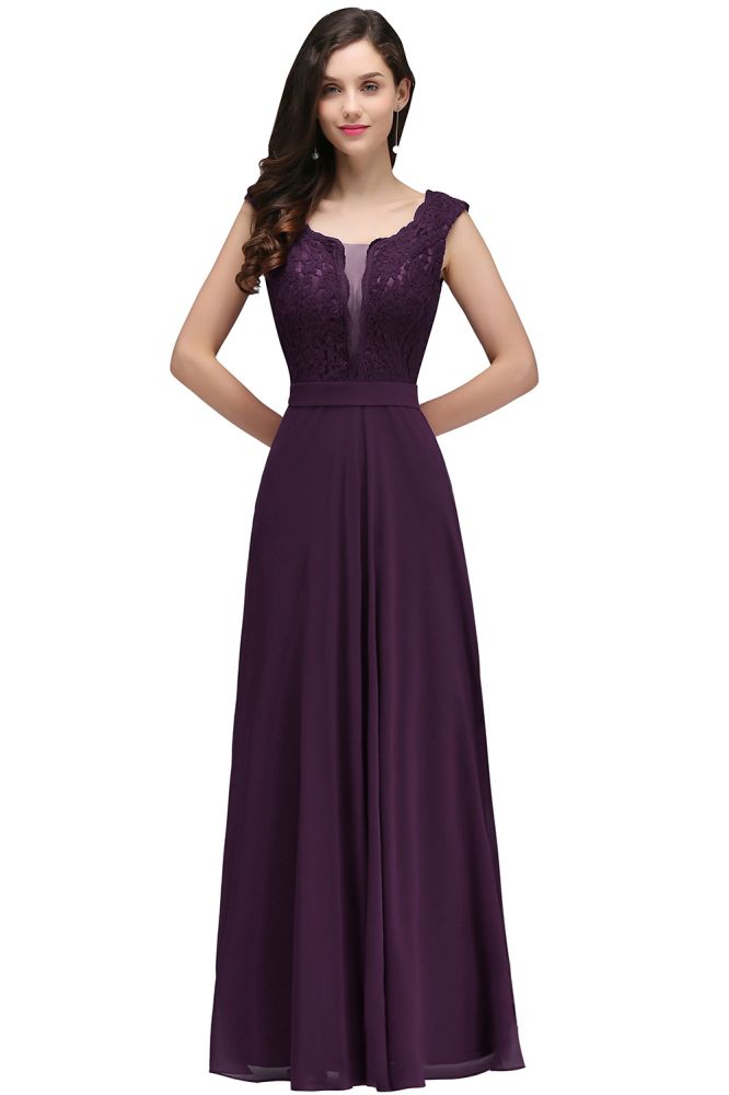 Elegante vestido de fiesta burdeos de corte A con encaje hasta el suelo