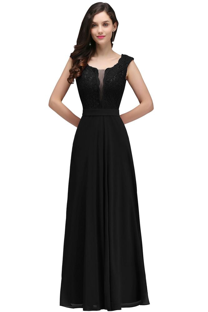 Elegante vestido de fiesta burdeos de corte A con encaje hasta el suelo