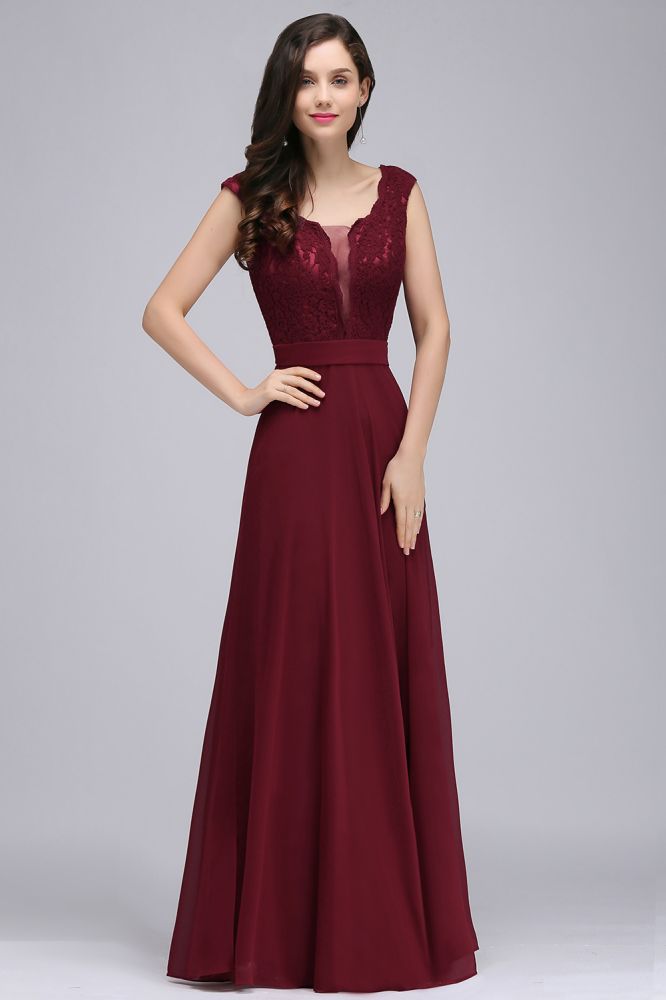 Elegante vestido de fiesta burdeos de corte A con encaje hasta el suelo