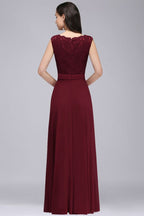 Elegante vestido de fiesta burdeos de corte A con encaje hasta el suelo