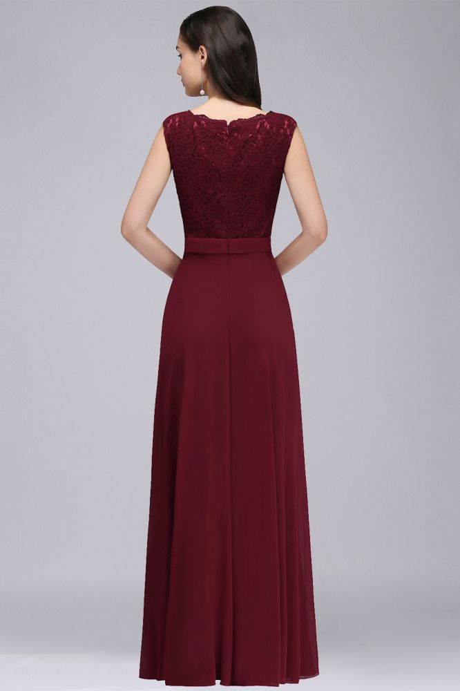 Elegante vestido de fiesta burdeos de corte A con encaje hasta el suelo