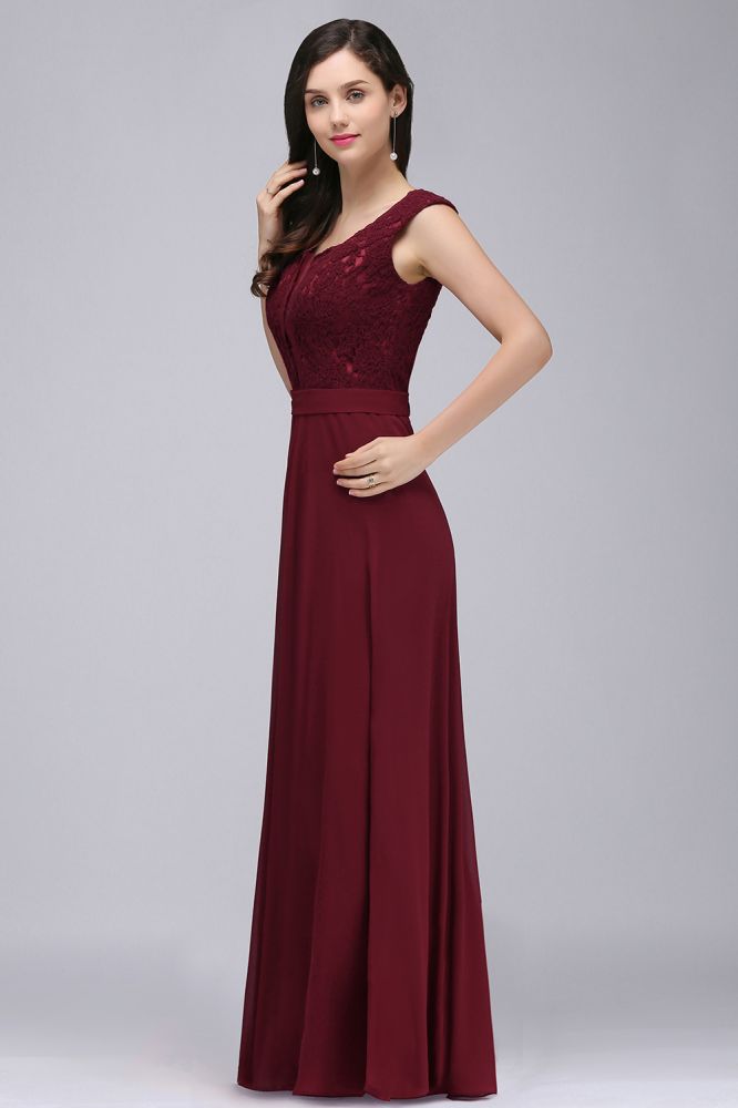 Elegante vestido de fiesta burdeos de corte A con encaje hasta el suelo