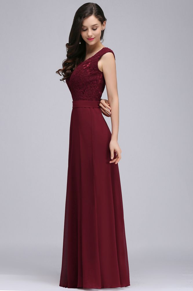 Elegante vestido de fiesta burdeos de corte A con encaje hasta el suelo
