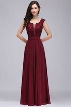 Elegante vestido de fiesta burdeos de corte A con encaje hasta el suelo