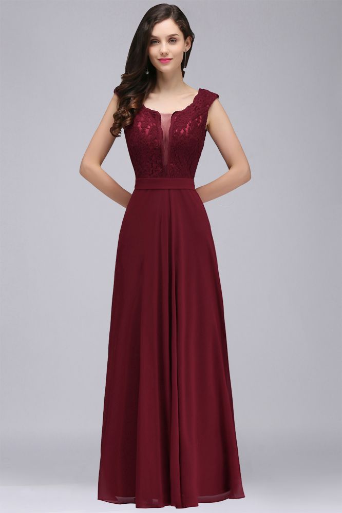 Elegante vestido de fiesta burdeos de corte A con encaje hasta el suelo