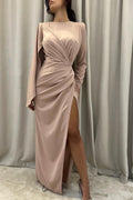 Elegante vestido de fiesta de manga larga hasta el suelo con abertura