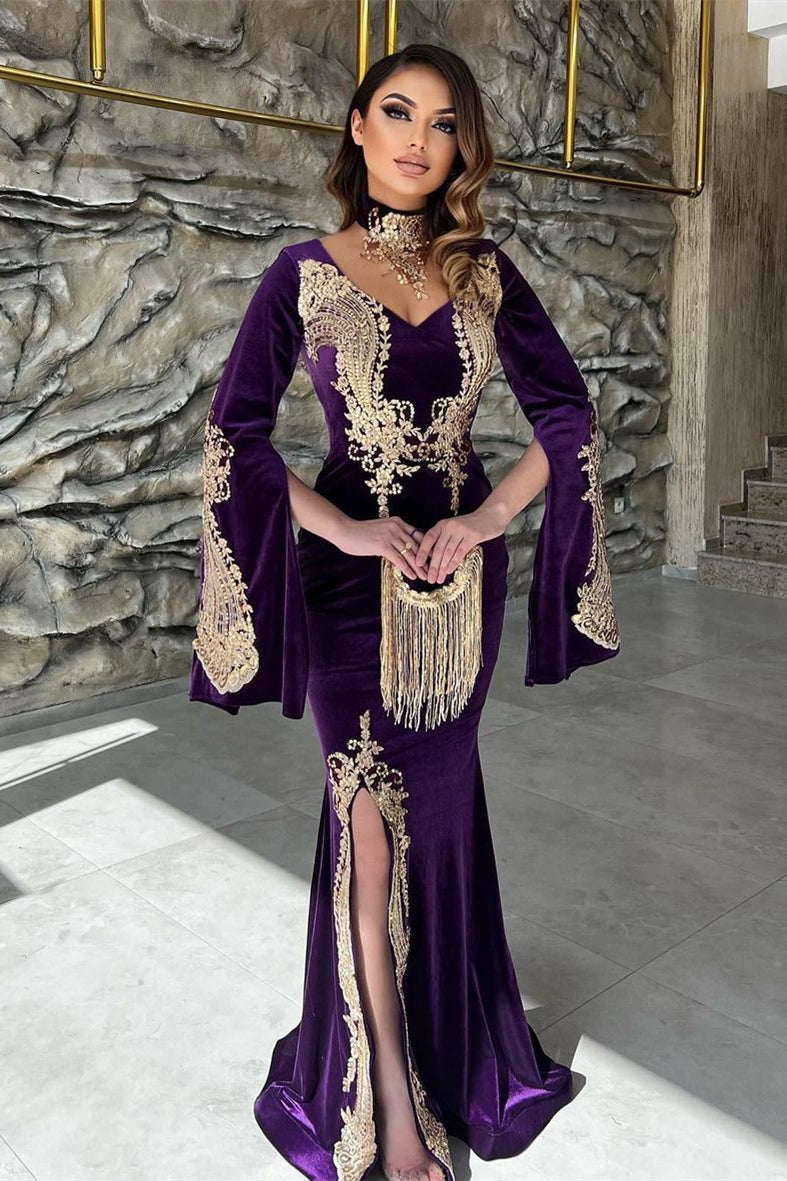 Elegante vestido de fiesta de sirena con escote en forma de corazón, mangas largas y abertura