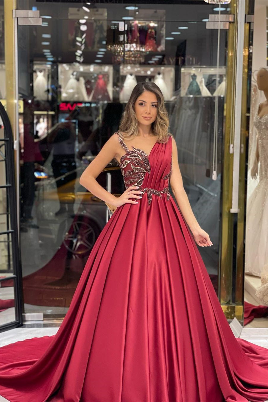 Elegant Floor Length Sweetheart Sleeveless A-Line Satin Wedding Dress with Ruffles