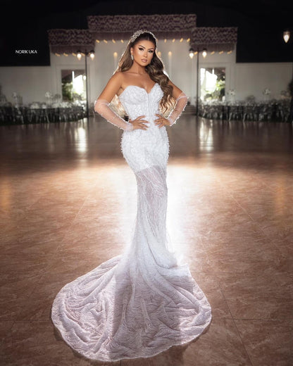 Elegant Floor Length Sweetheart Sleeveless Mermaid Lace Wedding Dress with Beads