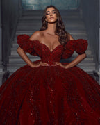 Elegant Floor Length V-Neck Sleeveless Off-The-Shoulder A-Line Sequined Wedding Dress with Ruffles