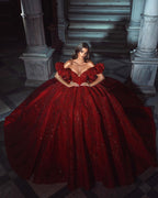 Elegant Floor Length V-Neck Sleeveless Off-The-Shoulder A-Line Sequined Wedding Dress with Ruffles