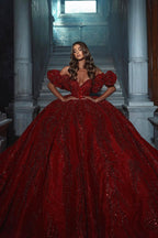 Elegant Floor Length V-Neck Sleeveless Off-The-Shoulder A-Line Sequined Wedding Dress with Ruffles