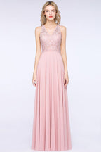 Elegante vestido de dama de honor de gasa rosa polvoriento con apliques florales hasta el suelo.