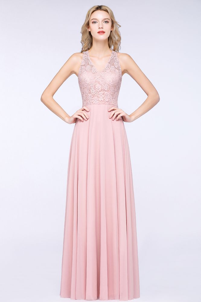 Elegante vestido de dama de honor de gasa rosa polvoriento con apliques florales hasta el suelo.