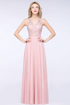 Elegante vestido de dama de honor de gasa rosa polvoriento con apliques florales hasta el suelo.