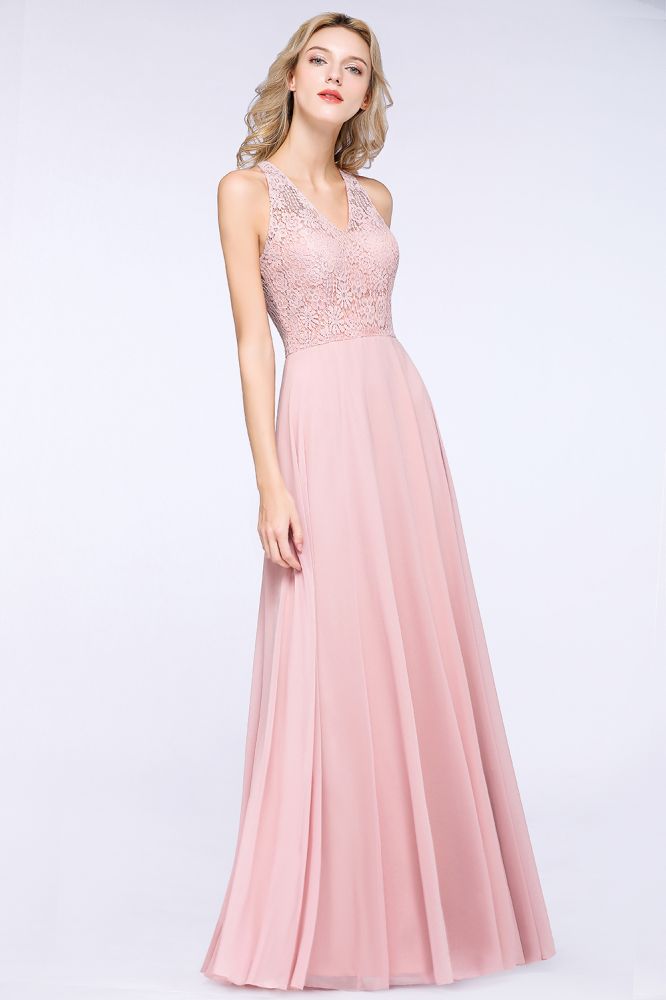 Elegante vestido de dama de honor de gasa rosa polvoriento con apliques florales hasta el suelo.
