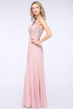 Elegante vestido de dama de honor de gasa rosa polvoriento con apliques florales hasta el suelo.