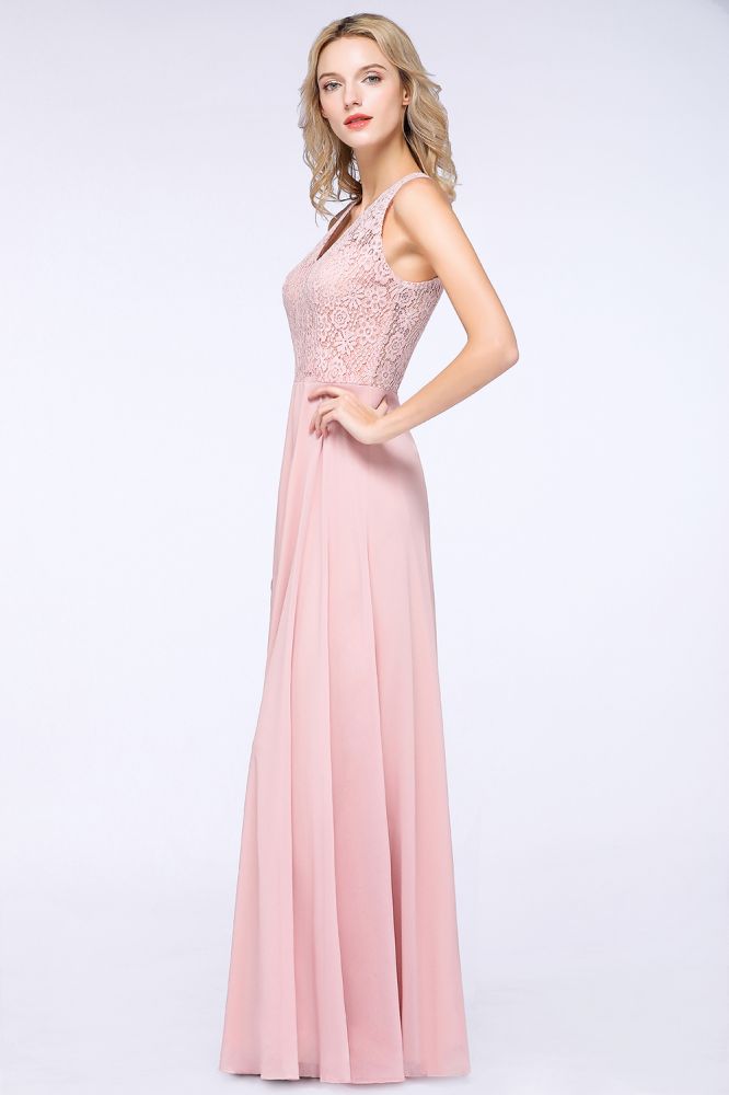 Elegante vestido de dama de honor de gasa rosa polvoriento con apliques florales hasta el suelo.