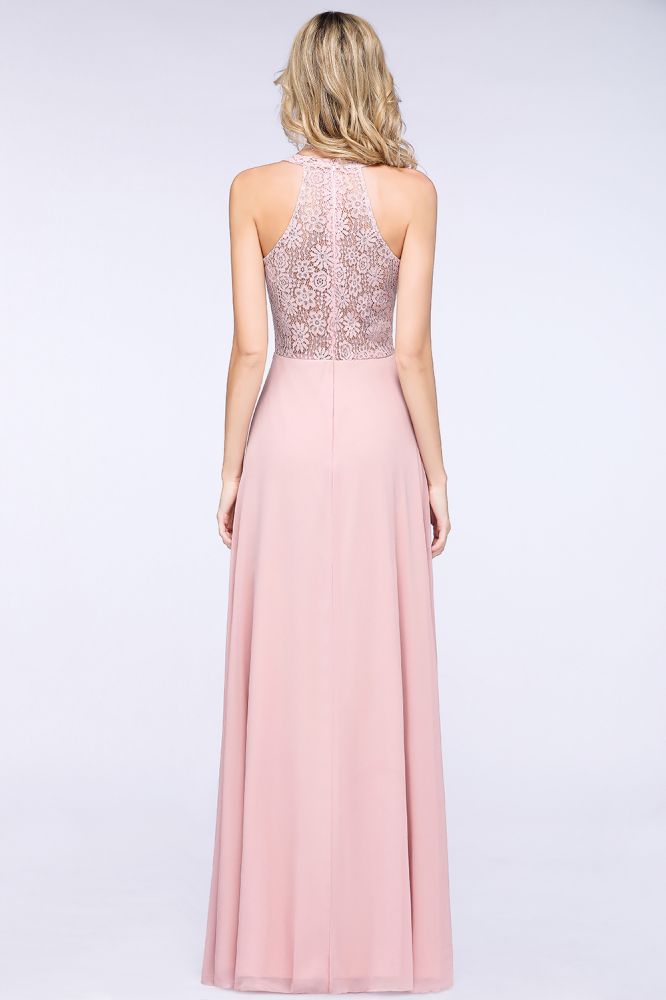Elegante vestido de dama de honor de gasa rosa polvoriento con apliques florales hasta el suelo.