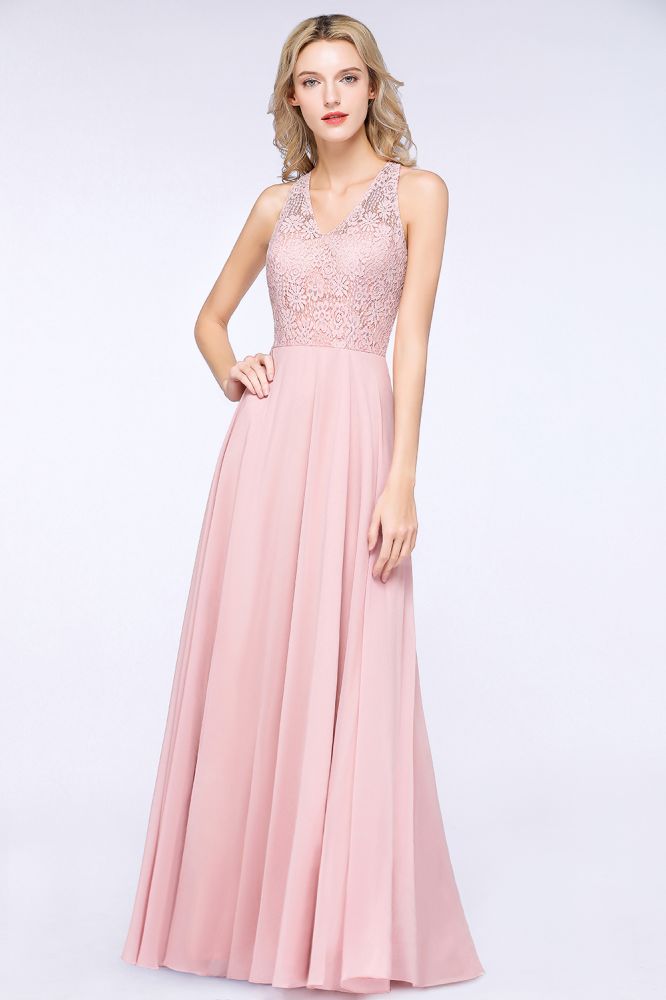 Elegante vestido de dama de honor de gasa rosa polvoriento con apliques florales hasta el suelo.
