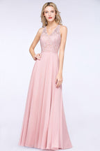 Elegante vestido de dama de honor de gasa rosa polvoriento con apliques florales hasta el suelo.