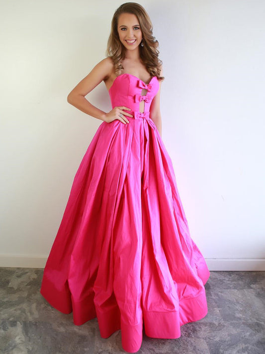 Elegante vestido de fiesta formal de graduación de satén con escote en forma de A y corte en A color fucsia