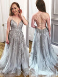 Elegante vestido de fiesta formal gris largo en forma de A con escote en V de tul y encaje sin espalda