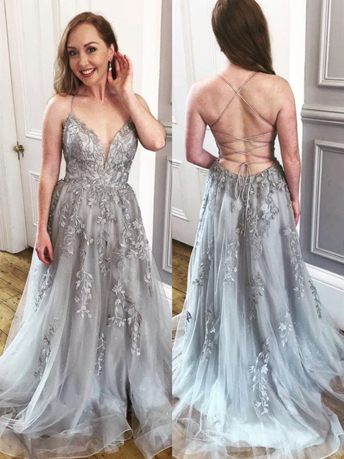 Elegante vestido de fiesta formal gris largo en forma de A con escote en V de tul y encaje sin espalda