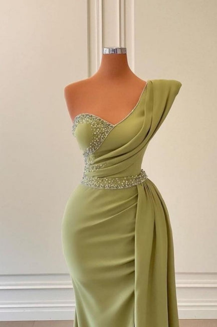 Elegante vestido de fiesta de gasa estilo sirena, sin mangas, con un solo hombro y detalles de cuentas, color verde