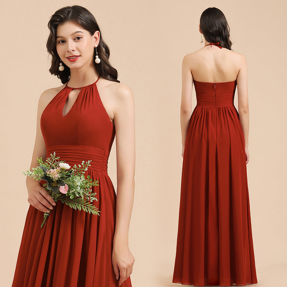 Elegante vestido de dama de honor de gasa con cuello halter, sin mangas, largo hasta el suelo, para fiesta de boda