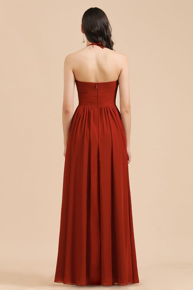 Elegante vestido de dama de honor de gasa con cuello halter, sin mangas, largo hasta el suelo, para fiesta de boda
