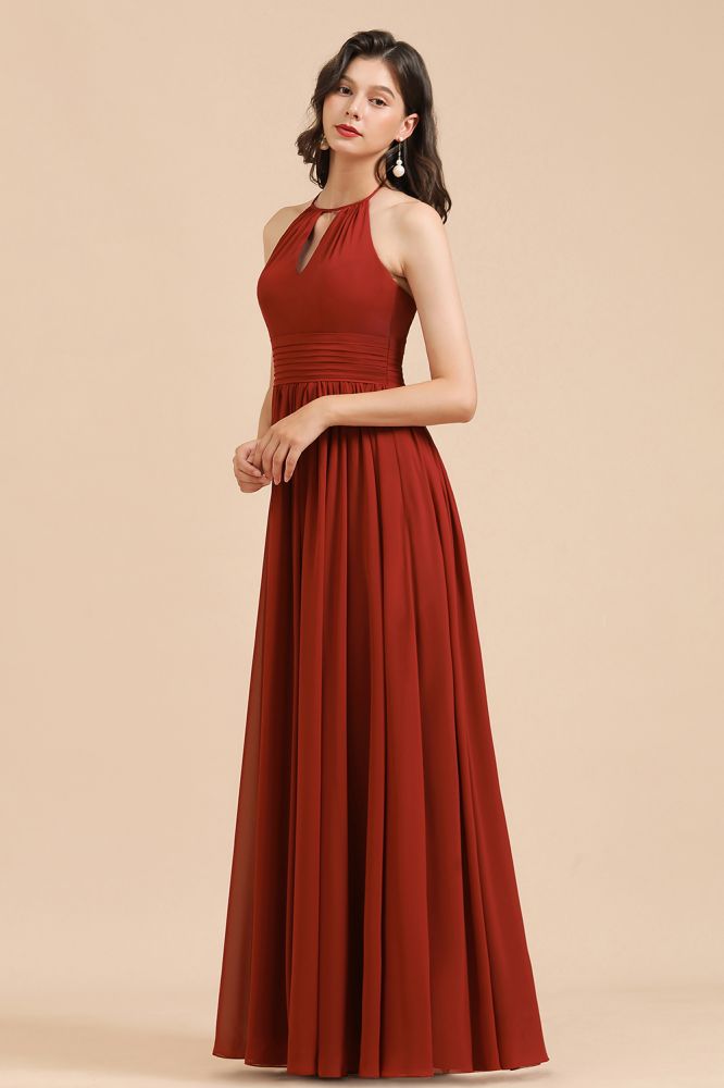 Elegante vestido de dama de honor de gasa con cuello halter, sin mangas, largo hasta el suelo, para fiesta de boda