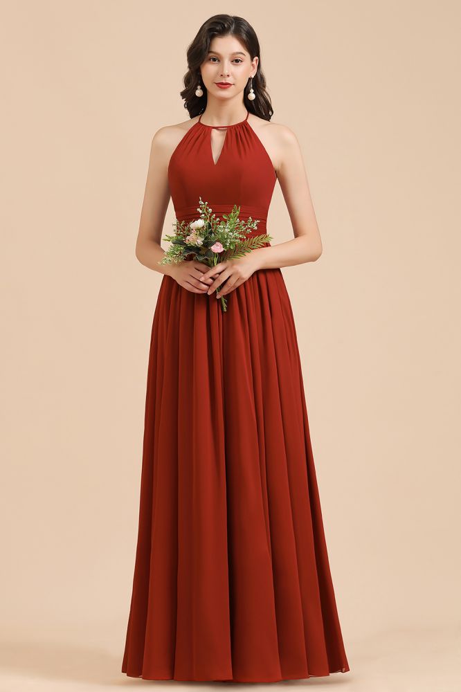 Elegante vestido de dama de honor de gasa con cuello halter, sin mangas, largo hasta el suelo, para fiesta de boda