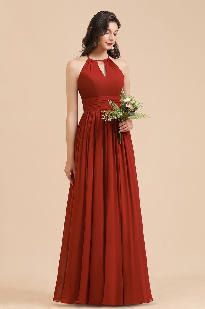Elegante vestido de dama de honor de gasa con cuello halter, sin mangas, largo hasta el suelo, para fiesta de boda