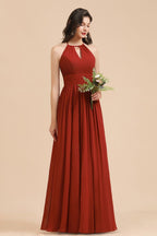 Elegante vestido de dama de honor de gasa con cuello halter, sin mangas, largo hasta el suelo, para fiesta de boda