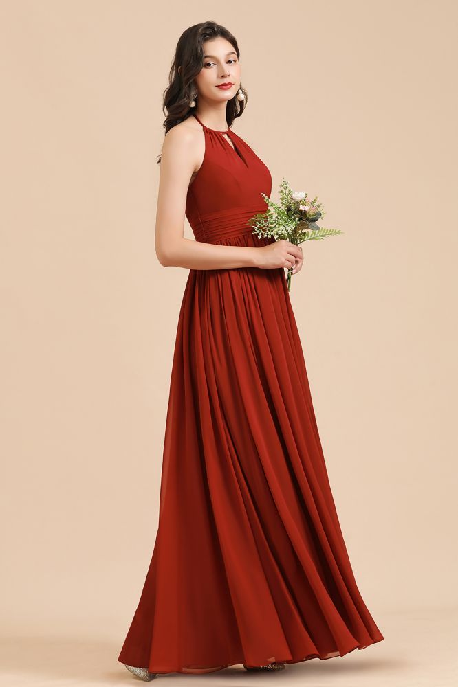 Elegante vestido de dama de honor de gasa con cuello halter, sin mangas, largo hasta el suelo, para fiesta de boda