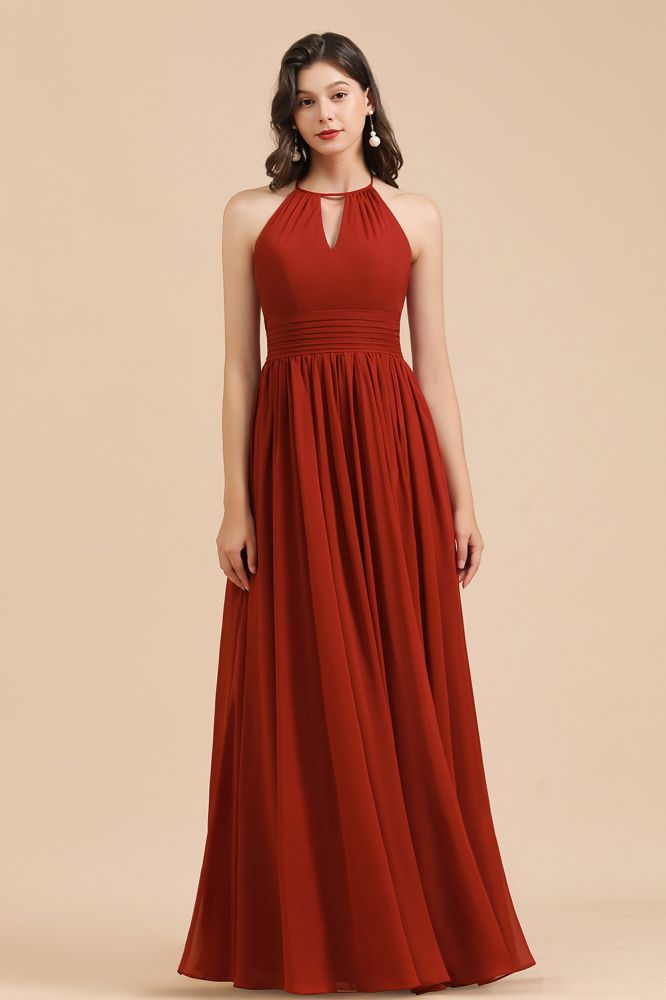 Elegante vestido de dama de honor de gasa con cuello halter, sin mangas, largo hasta el suelo, para fiesta de boda