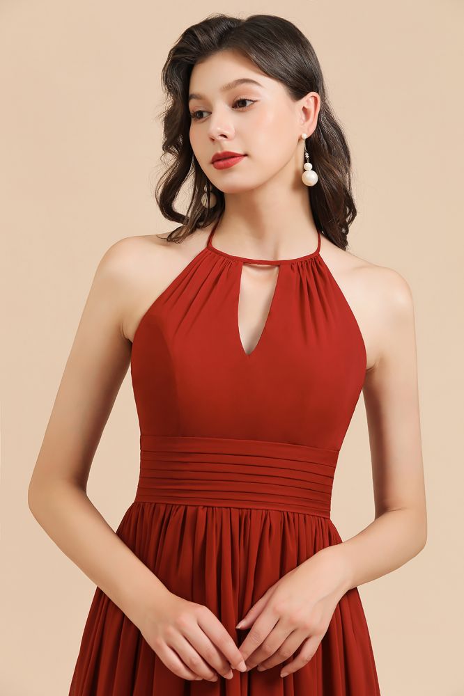 Elegante vestido de dama de honor de gasa con cuello halter, sin mangas, largo hasta el suelo, para fiesta de boda
