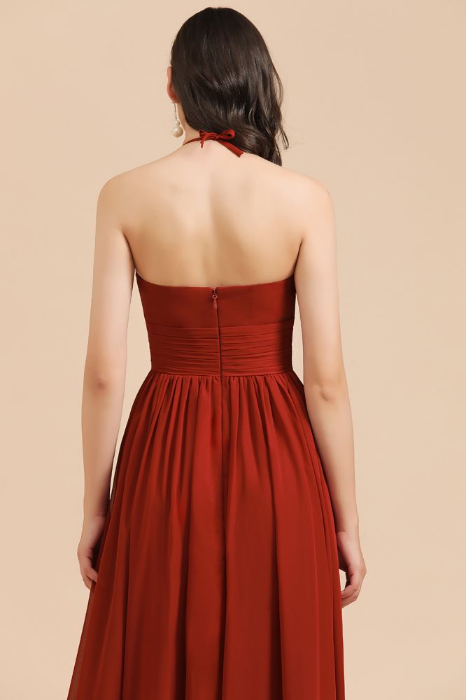Elegante vestido de dama de honor de gasa con cuello halter, sin mangas, largo hasta el suelo, para fiesta de boda