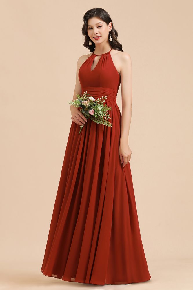 Elegante vestido de dama de honor de gasa con cuello halter, sin mangas, largo hasta el suelo, para fiesta de boda