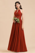 Elegante vestido de dama de honor de gasa con cuello halter, sin mangas, largo hasta el suelo, para fiesta de boda
