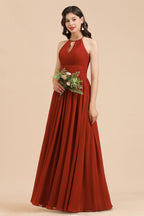 Elegante vestido de dama de honor de gasa con cuello halter, sin mangas, largo hasta el suelo, para fiesta de boda