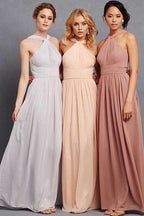 Elegante vestido de dama de honor de gasa con cuello halter, volantes y corte imperio, largo hasta el suelo, BD033